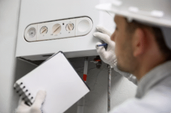 Technician in a hard hat inspecting a wall-mounted boiler and taking notes on a clipboard.