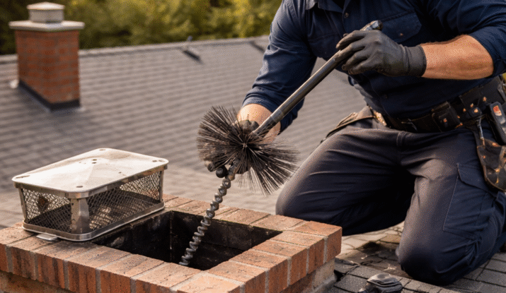 A man wearing work gloves and a tool belt is cleaning a brick chimney on a rooftop using a chimney brush attached to a flexible rod. The chimney cap is placed beside the opening, and the roof shingles and trees are visible in the background.