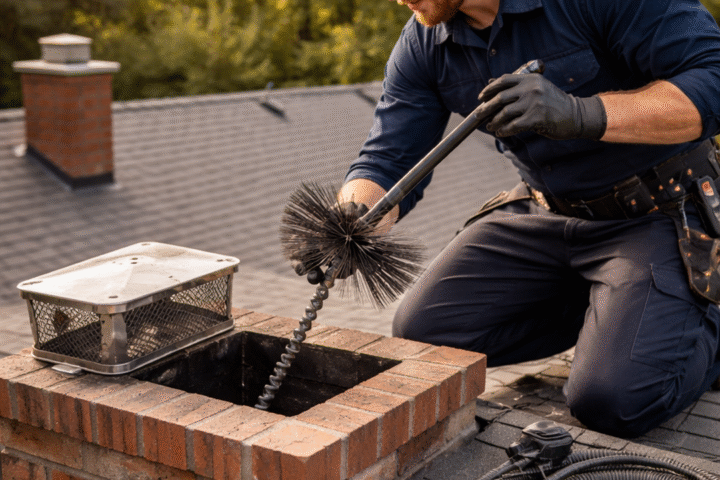 A man wearing work gloves and a tool belt is cleaning a brick chimney on a rooftop using a chimney brush attached to a flexible rod. The chimney cap is placed beside the opening, and the roof shingles and trees are visible in the background.