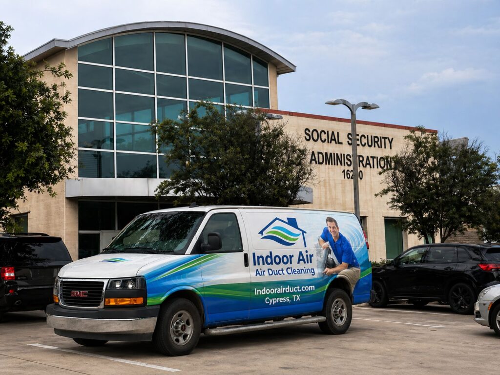 Indoor Air Duct Cleaning Service Van Parked Outside Social Security Office