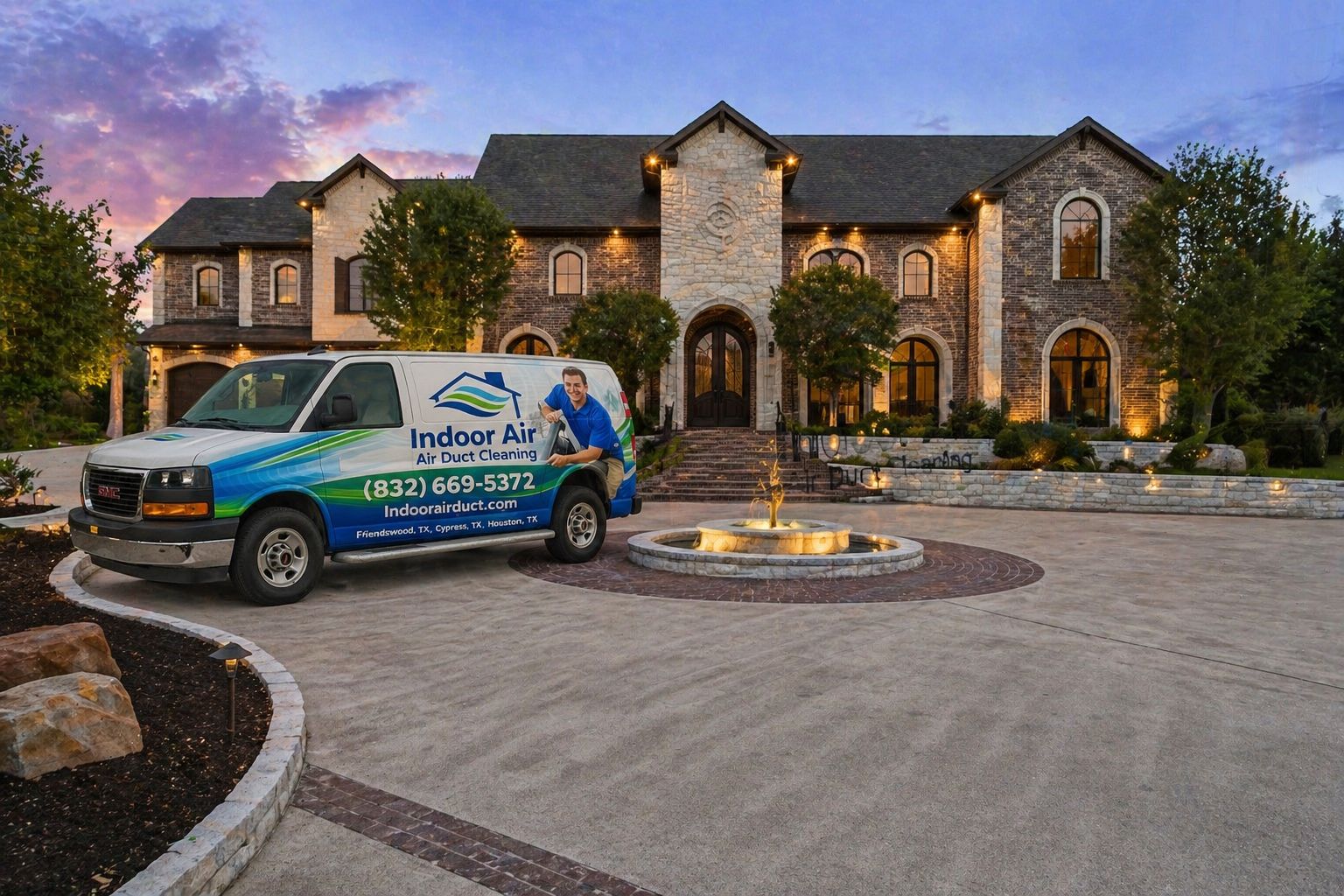 Indoor Air Duct Cleaning Service Van in Front of Luxury Home
